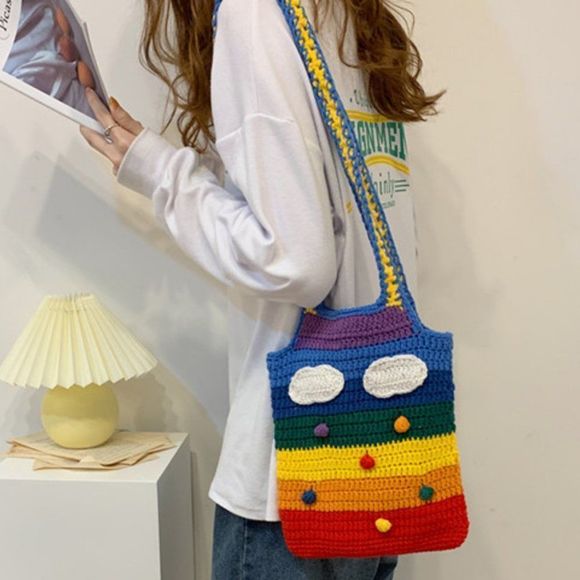 None Handbags - Rainbow Striped Knitted Bag | Women Handmade Crochet Shoulder Bag